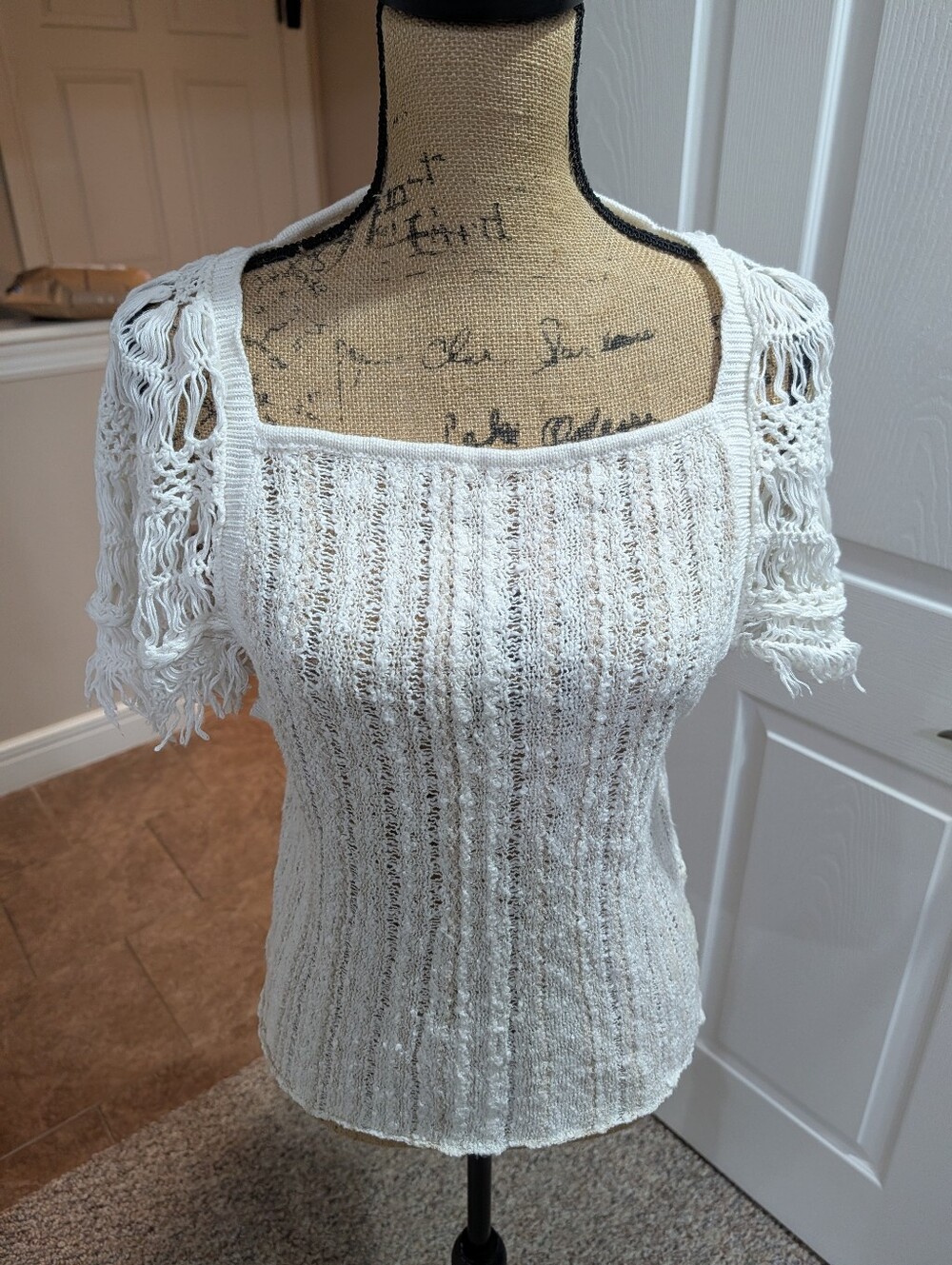 Free People White Knit Square Neck Fringe Sleeve Tank